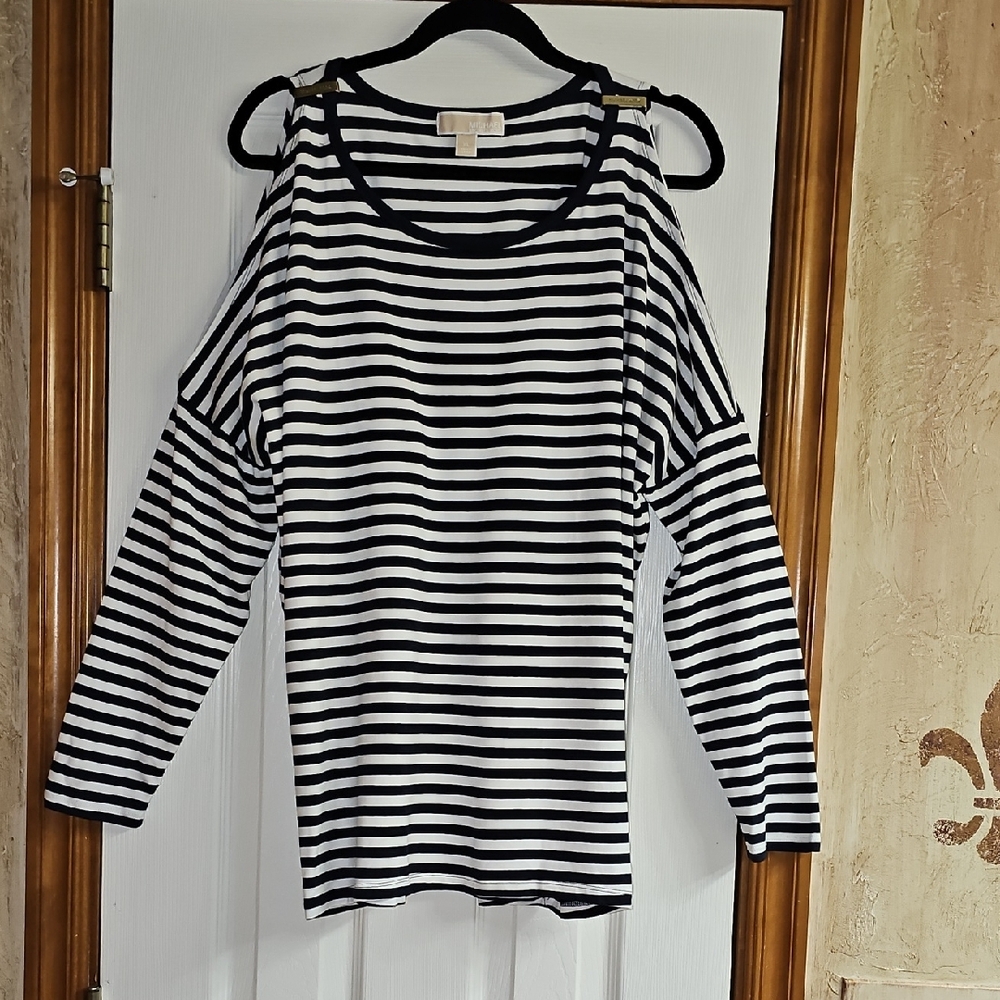 MK Cold Shoulder Striped Navy and White Women's Top